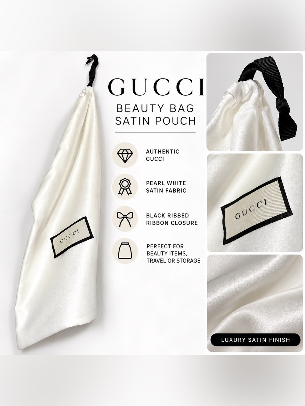 Gucci Pearl White Satin Pouch with Black Ribbon Trim
